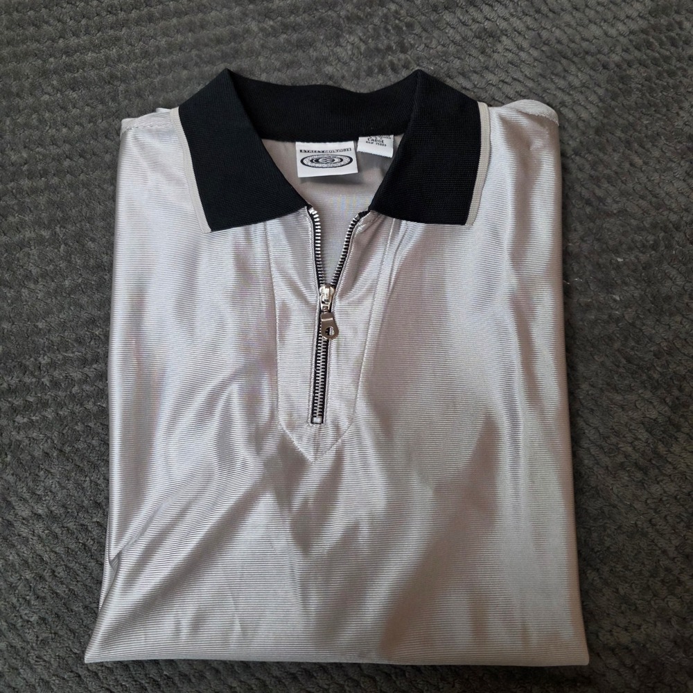 Street Culture Polo Shirt Large Silver Y2K Streetwear Metallic 1/4 Zip